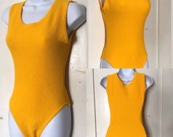 Colorful 80s onepiece, vintage 80s bathing suit, 80s body suit, yellow body suit