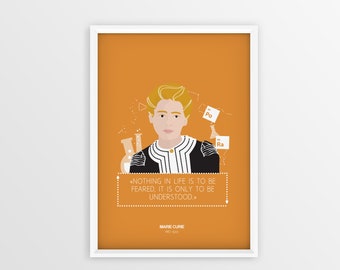 Portrait of Marie Curie, scientific icon, minimalist illustration, feminist poster, quote, inspiration, gift for her