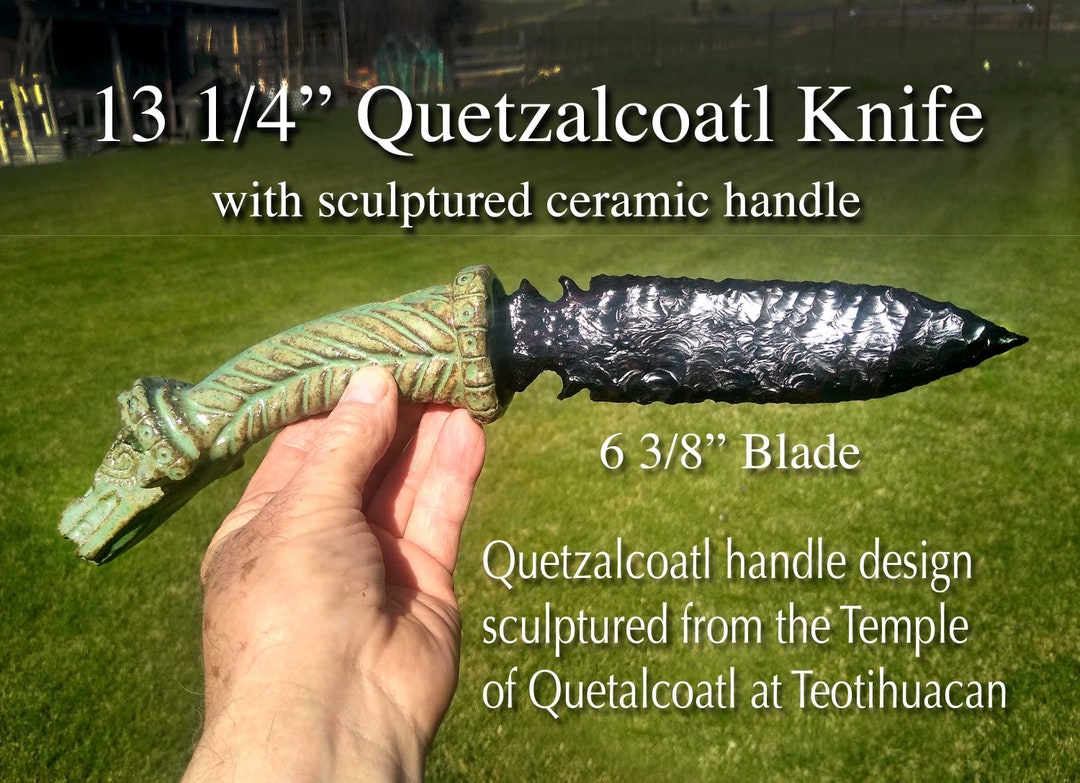 13 1/4 Quetzalcoatl Aztec Style Obsidian Knife. Handle Sculptured in