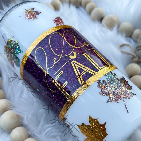 Hello Fall Tumbler | Fall Tumbler | Autumn Tumbler | Falling Leaves Tumbler | Gift for Her | Glittered Tumbler