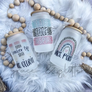 Teacher Glass Can | Teacher Iced Coffee | Coffee Glass Can | Teacher Rainbow Cup | Frosted Glass | Glass Can Tumbler w/lid & Straw