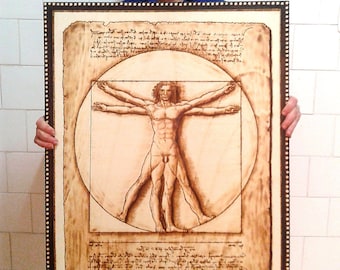 Vitruvian Man. Leonardo Da Vinci - Pyrography painting. 80 X 60 cm.