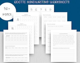 ODETTE Handwriting Practice sheets,  Lowercase, Uppercase and Number guides, practice with words, sentences and paragraphs