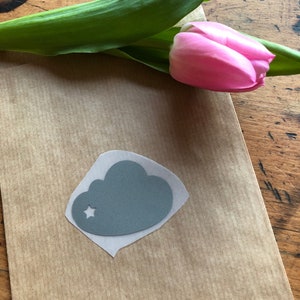 Könnte beinhalten: Eine braune Papiertüte mit einem grauen Wolkenaufkleber mit einem weißen Stern in der Mitte. Eine rosa Tulpe liegt auf der Tüte.