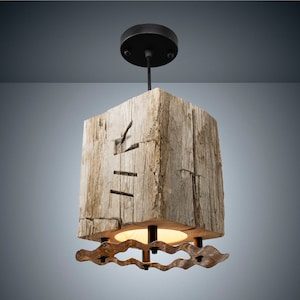 Rustic One of a Kind Reclaimed Hand Hewn Barn Beam #5 Pendant Light With Original Timber Frame Number!