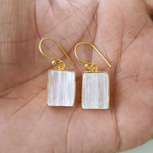 Gold Plated Earrings, Raw Selenite Earrings, Natural Stone Earrings, Designer Earrings, Brass Earrings, Dangle Earrings, Women Earring