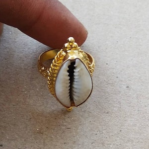 18k Gold Plated Cowrie Shell Ring, Handmade Brass Fashion Ring