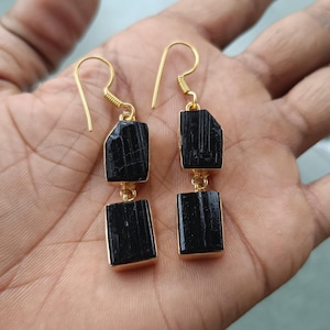 Raw Black Tourmaline Dangle Earrings: Brass Yellow Gold Plated
