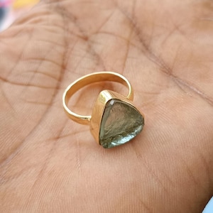 Handmade Natural Green Fluorite Gemstone Triangle Shape Stackable Brass Ring
