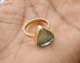 Handmade Natural Green Fluorite Gemstone Triangle Shape Stackable Brass Ring