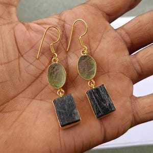 Genuine Raw Green Fluorite And Kyanite Dual Birthstone Dangle Earrings, Gold Plated Earrings