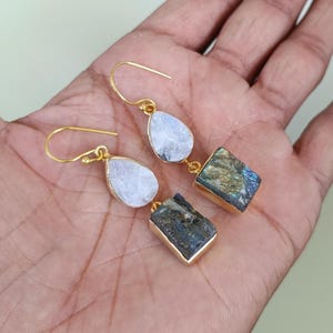 Rainbow Moonstone Earrings, Gold Plated Earrings, Labradorite Earrings, Natural Stone Earrings, Dangle Earrings, Women Earrings