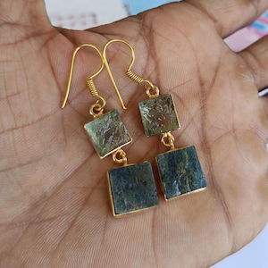 Raw Stone Dangle Earrings: Green Fluorite & Blue Kyanite, Gold Plated