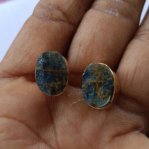Natural Blue Kyanite Stud Earrings, 18k Gold Plated Oval Stone Posts Earrings