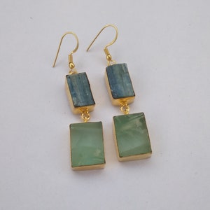 Dangle Earrings, Gold Plated Earrings, Blue Kyanite Earrings, Natural Stone Earrings, Fluorite Earrings, Women Earrings, Long Earrings