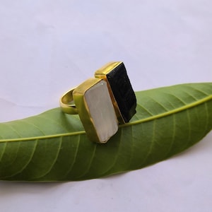 Natural Selenite Ring, Adjustable Ring, Black Tourmaline Ring, Statement Ring, Double Stone Ring, Gemstone Ring, Fashion Ring, Gift For Her
