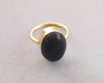 Black Onyx Ring, Gold Plated Ring, Semiprecious Ring, Stackable Ring, Designer Ring, Cabochon Stone Ring, Fashion Ring, Gift For Her