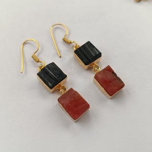 Black Tourmaline Earrings, Double Stone Earrings, Carnelian Earrings, Natural Stone Earrings, Dangle Earrings, Handmade Jewelry