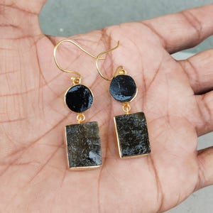 Black Tourmaline Earrings, Gold Plated Dangle Earrings, Semiprecious Earrings, Bezel Set Earrings, Labradorite Earrings, Dainty Earrings