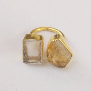 Handmade Raw Citrine And Crystal Quartz Dual Birthstone Adjustable Ring Made 18k Gold Plated