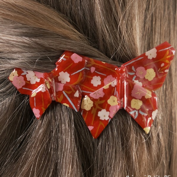 Barrette à cheveux Origami Papillons rouge et petites fleurs japonaises