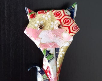 Multicolored Origami Cat brooch, pink and red floral patterns