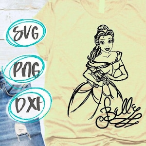 Princesa Bella SVG Boceto Firma SVG PNG Dxf La Bella y la Bestia Cricut Disneyland Disneyworld Sublimación Planchado Cricut Archivo de Corte Bella