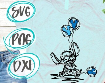 Stitch SVG PNG Dxf Stitch en el parque Boceto de Stitch 626 Camisetas de vacaciones Silueta Archivo de corte Cricut Diseño Stitch Mickey Camisetas con globos PNG