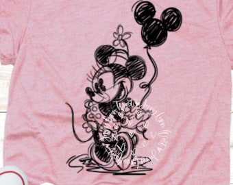 Minnie Maus Skizze mit Ballon SVG PNG Dxf Klassische Minnie skizziert Cricut Siebdruck Eisen auf Silhouette Cricut Cut Datei Minnie Shirt