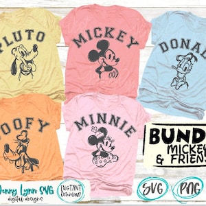 May include: A bundle of five SVG cut files featuring Mickey Mouse and his friends. The designs include Mickey Mouse, Minnie Mouse, Donald Duck, Goofy, and Pluto. Each design features a character in a vintage style with the character's name in a varsity-style font. The bundle includes SVG, PNG, and DXF files.