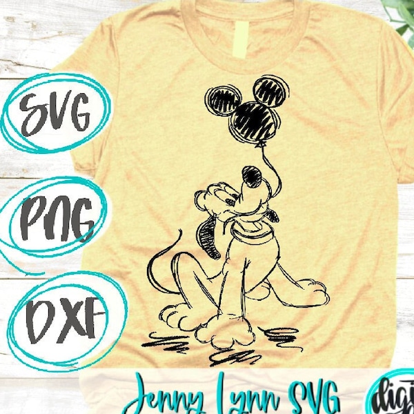 Pluto at the Park Balloon SVG PNG Dxf Classic Pluto Sketched DisneySVG Shirts Silhouette Cricut Cut File Balloons Pluto Sublimation PNG Svg
