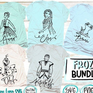 May include: A set of five digital cut files featuring characters from the animated film Frozen. The characters include Elsa, Anna, Kristoff, Olaf, and Bruni. The files are available in SVG, PNG, and DXF formats. The text "FROZEN BUNDLE 1" is displayed in black text on a white background.