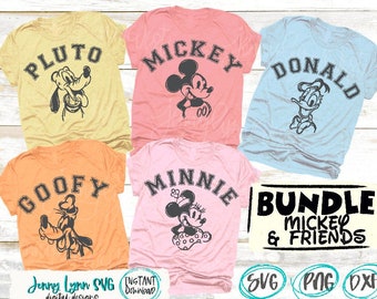 Mickey Bundle Minnie Pluto Goofy Donald Varsity SVG PNG Mickey y amigos FAB 5 Disneyland Sketched DisneySVG Camisetas Archivo de corte Cricut