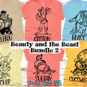 Paquete SVG de La Bella y la Bestia, Gastón Cogsworth, Chip LeFou SVG, Camisetas de La Bella y la Bestia, DisneySVG, Archivo de corte, Camisetas, Silueta, Cricut PNG