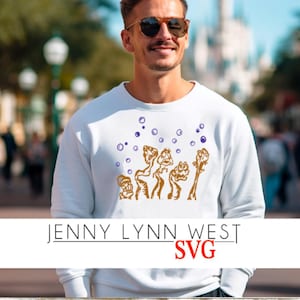 May include: White sweatshirt with a brown and purple design of a group of cartoon characters blowing bubbles. The text "JENNY LYNN WEST SVG" is at the bottom of the design.