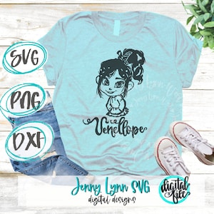 May include: A blue t-shirt with a black and white illustration of a cartoon girl with a ponytail and the text "Vanellope".