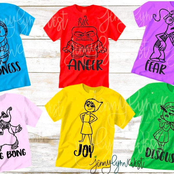 Paquete SVG de Inside Out: Ira, tristeza, alegría, Bing Bong, miedo, asco, camiseta, plancha digital, silueta, descarga de 6 archivos Inside Out, paquete de 36 archivos DXF