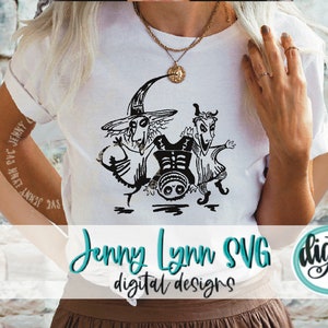 May include: Black and white digital design featuring a witch and a skeleton with the text "Jenny Lynn SVG digital designs" and "digital file" in a circle.