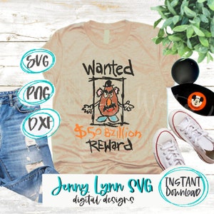 Op de afbeelding: Een beige T-shirt met een handgetekend gezocht-poster met Mr. Potato Head. De poster zegt "Wanted" en "$50 miljard beloning".