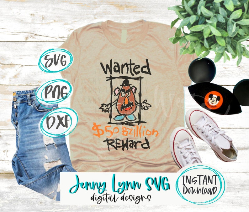 Op de afbeelding: Een beige T-shirt met een handgetekend gezocht-poster met Mr. Potato Head. De poster zegt "Wanted" en "$50 miljard beloning".