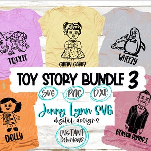 Paquete de 3 muñecos de Toy Story SVG Gabby Gabby Wheezy Dolly Trixie Benson SVG de muñeco de Toy Story Descargar camisetas familiares DisneySVG Digital Cricut svg png