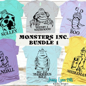 May include: A set of six t-shirt designs featuring characters from the movie Monsters Inc. The designs include Sully, Henry J. Waternoose, Boo, Randall, Thaddeus Bile, and Needleman. The designs are in black and white and are printed on different colored t-shirts.