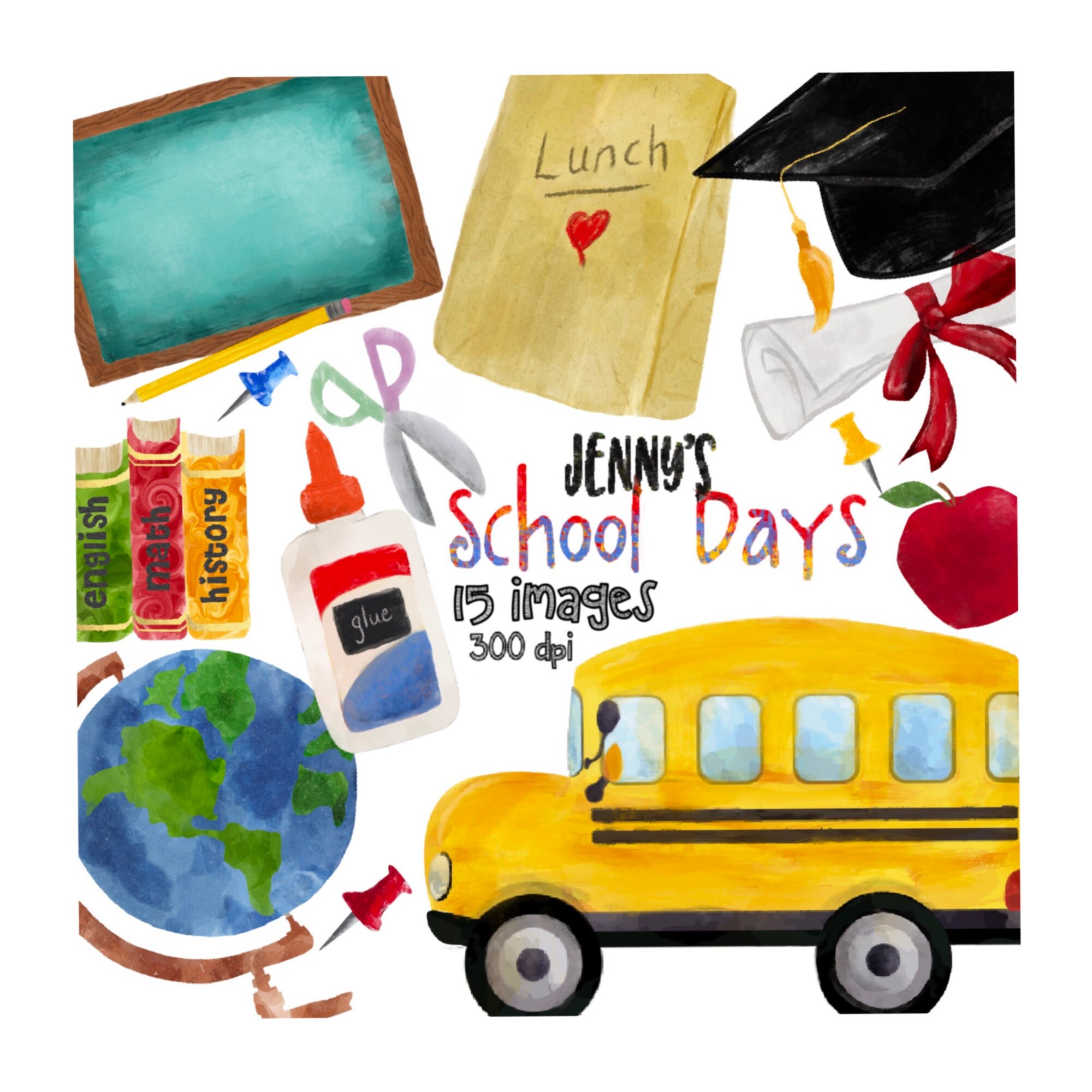 Watercolor School Clipart Back To School Bus Teacher Etsy