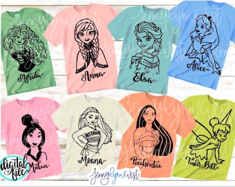 Princess SVG Elsa Anna Moana Mulan Pocahontas Tinker Bell Alice Shirt Digital Iron On Cricut 8 Princess 32 Files Bundle Set 2