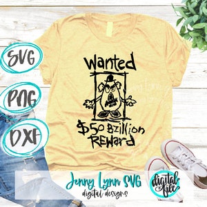 Op de afbeelding: Een geel T-shirt met een zwart-witte afbeelding van een cartoon-aardappelkarakter met de tekst "Wanted $50 Bzillion Reward".