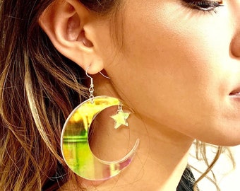 Large Iridescent Acrylic Crescent Moon Earrings, Laser Cut Acrylic Earrings, Rainbow Statement Earrings, Chic Boho Earrings, Free Shipping