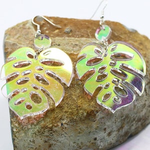 Iridescent Acrylic Earrings, Laser Cut Monstera Leaf Earrings, Rainbow Statement Earrings, Boho Earrings, Pierced or Clip-on