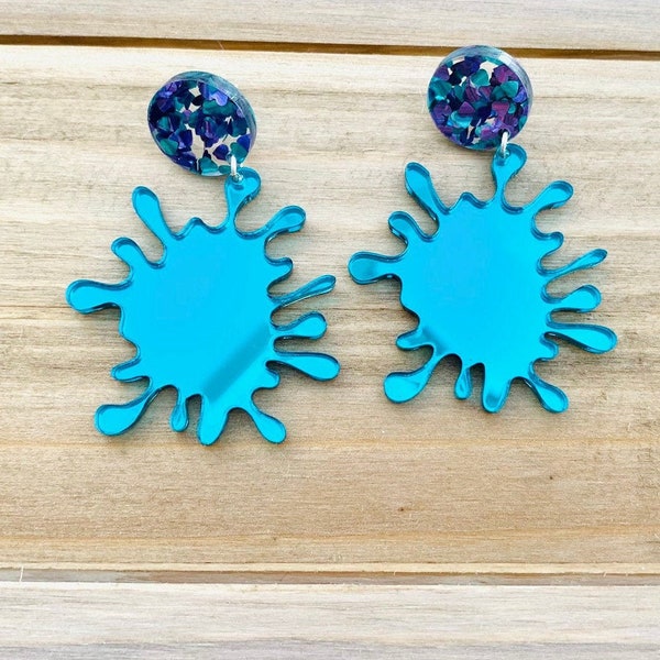 Teal Splat Acrylic Earrings, Abstract Statement Earrings with Sterling Silver Posts