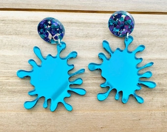 Teal Splat Acrylic Earrings, Abstract Statement Earrings with Sterling Silver Posts