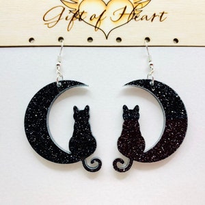 Black Cat on the Moon Acrylic Earrings, Glitter Statement Earrings, Halloween Cat Earrings Pierced or Clip-on (2 sizes)